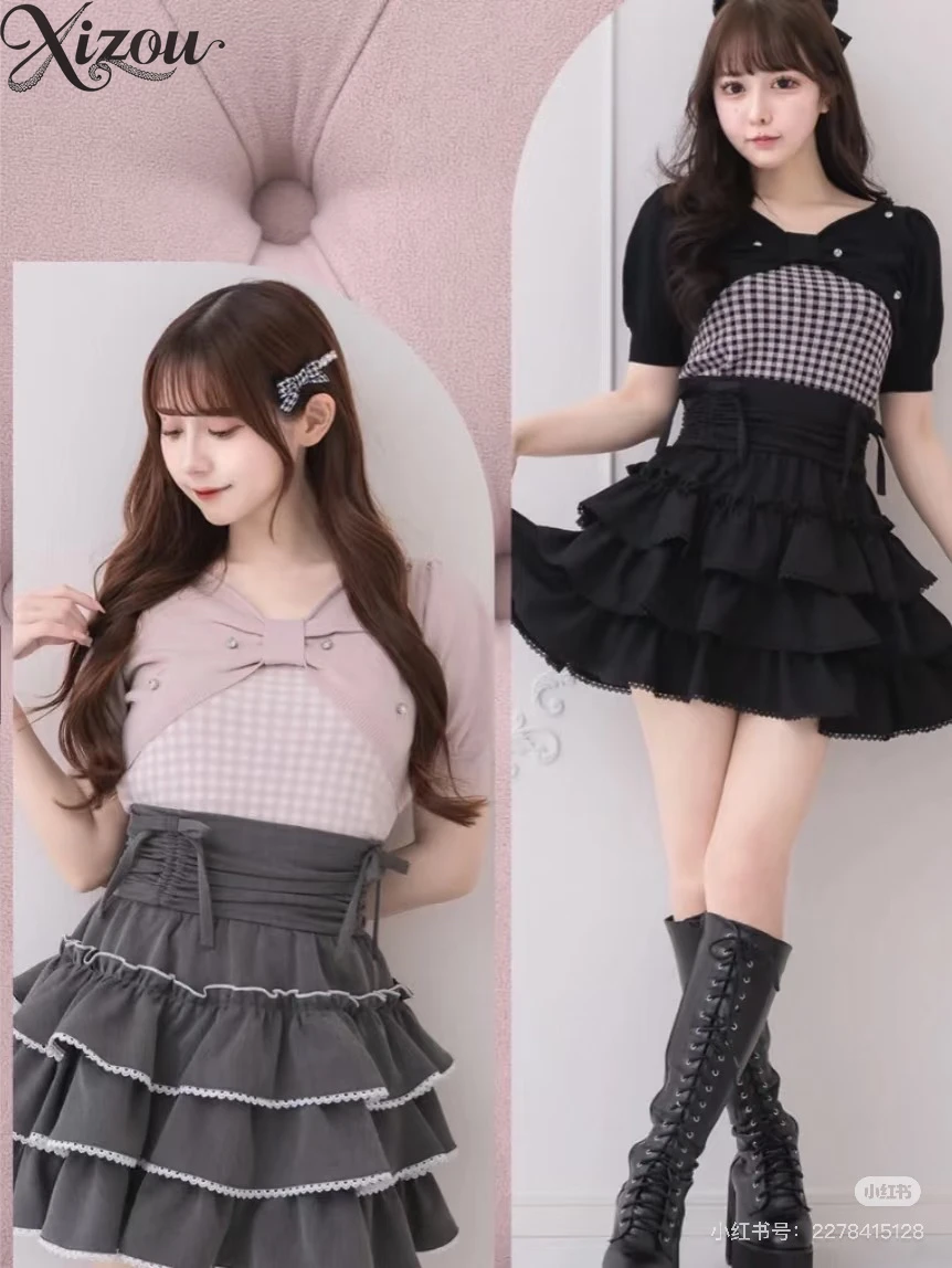 Japanische Frauen Kawaii Top 3-lagige Schleife Hohe Taille Kuchen Minirock Spice Girls 2025 Sommer Frühling Schnürrüschen Empire Sweet