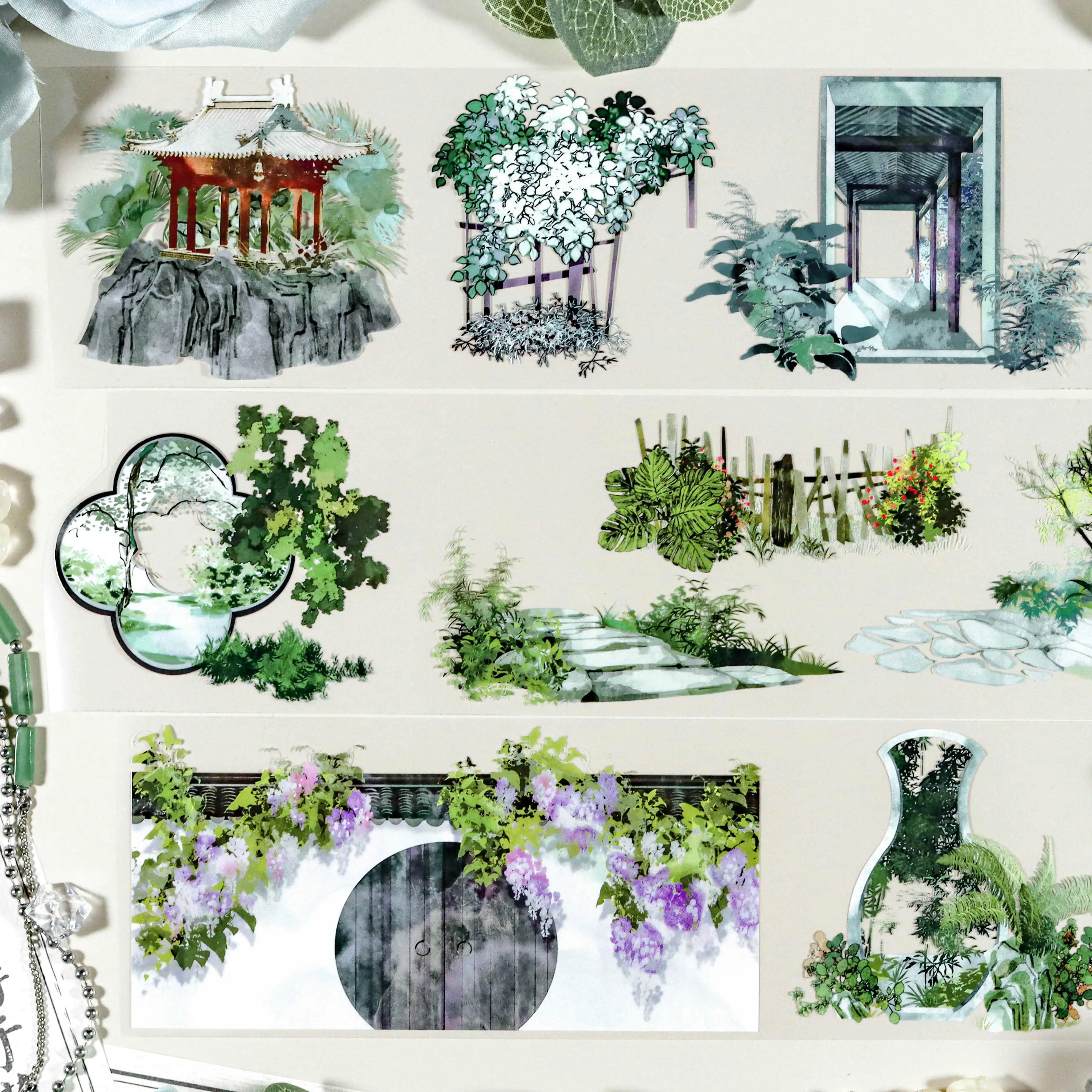 DXJ piccolo nastro da giardino in PET con inchiostro bianco, ponte paesaggistico da giardino, stagno dei alberi morti, carta in stile nazionale