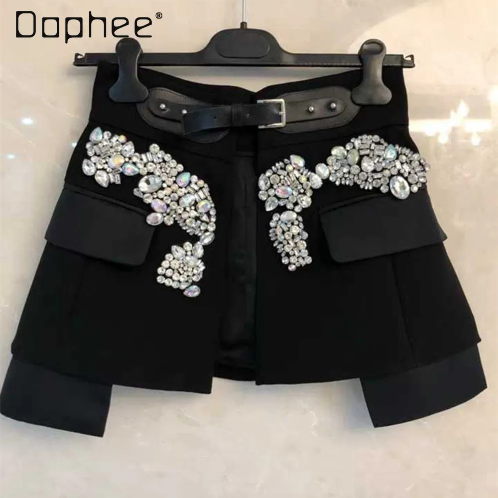 

Socialite Heavy Industry Beaded Rhinestone Leather Buckle Belt High Waist Shorts High Temperament Fashion Slim Wide Leg Pants