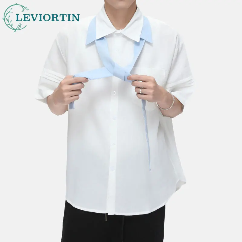 Men's fashion niche fresh style tie lapel shirt short sleeved loose and simple casual versatile popular short sleeved top