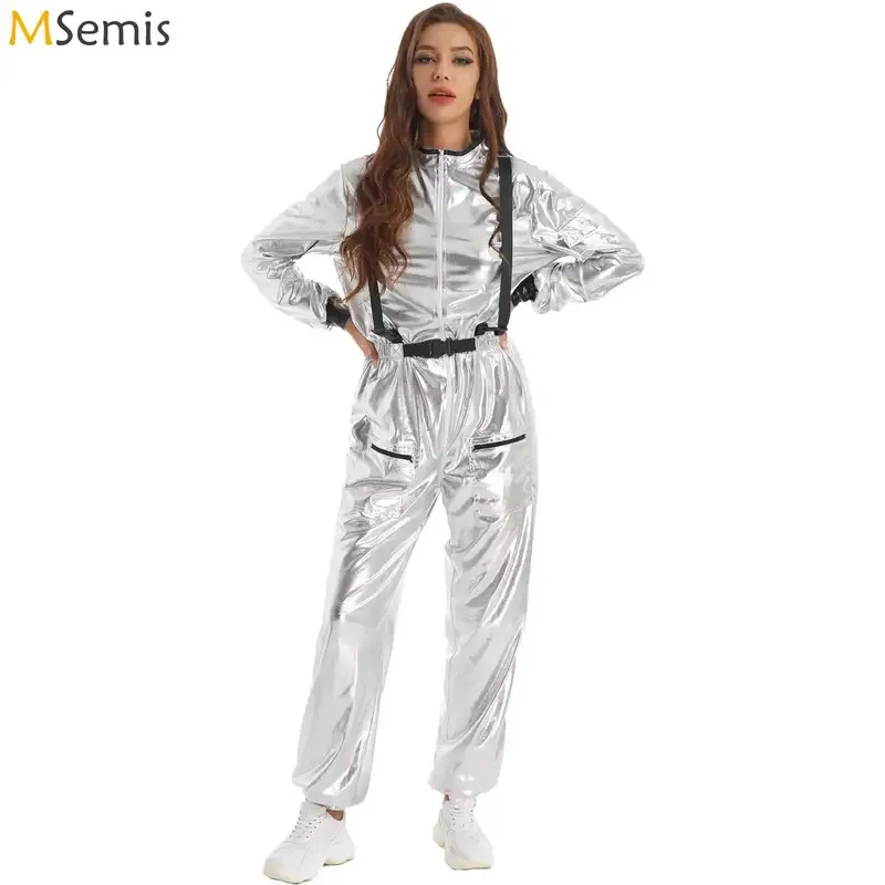 

Women Disco Street Dance Costume Astronaut Role Play Outfit Halloween Metallic Shiny Long Sleeve Jumpsuits Wetlook Bodysuit