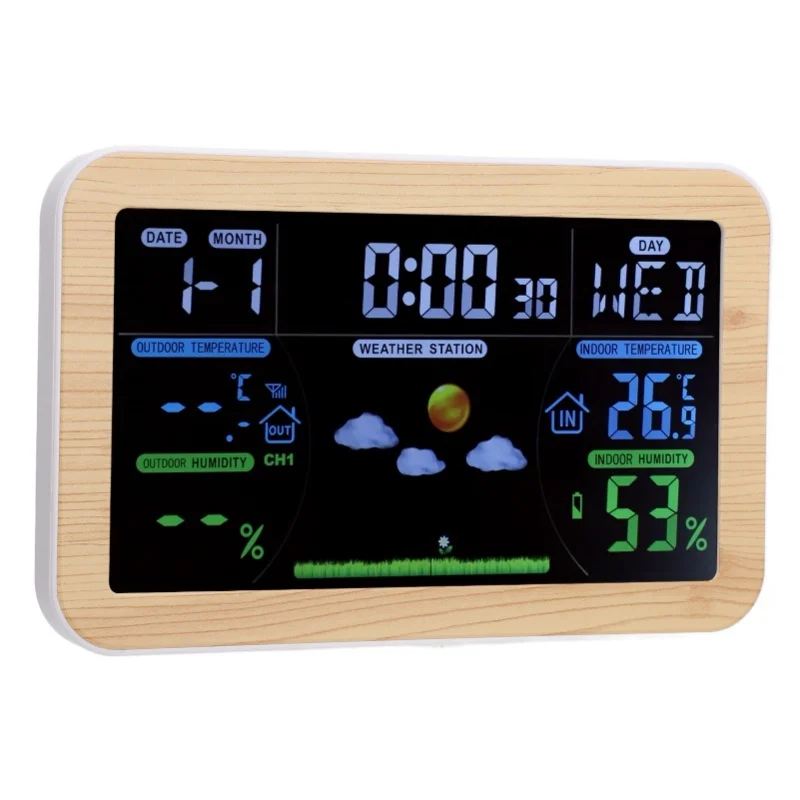LCD Weather Clock Indoor Outdoor Temperature Humidity Monitor 24 Hour Weather Forecast For Garage Storage Room