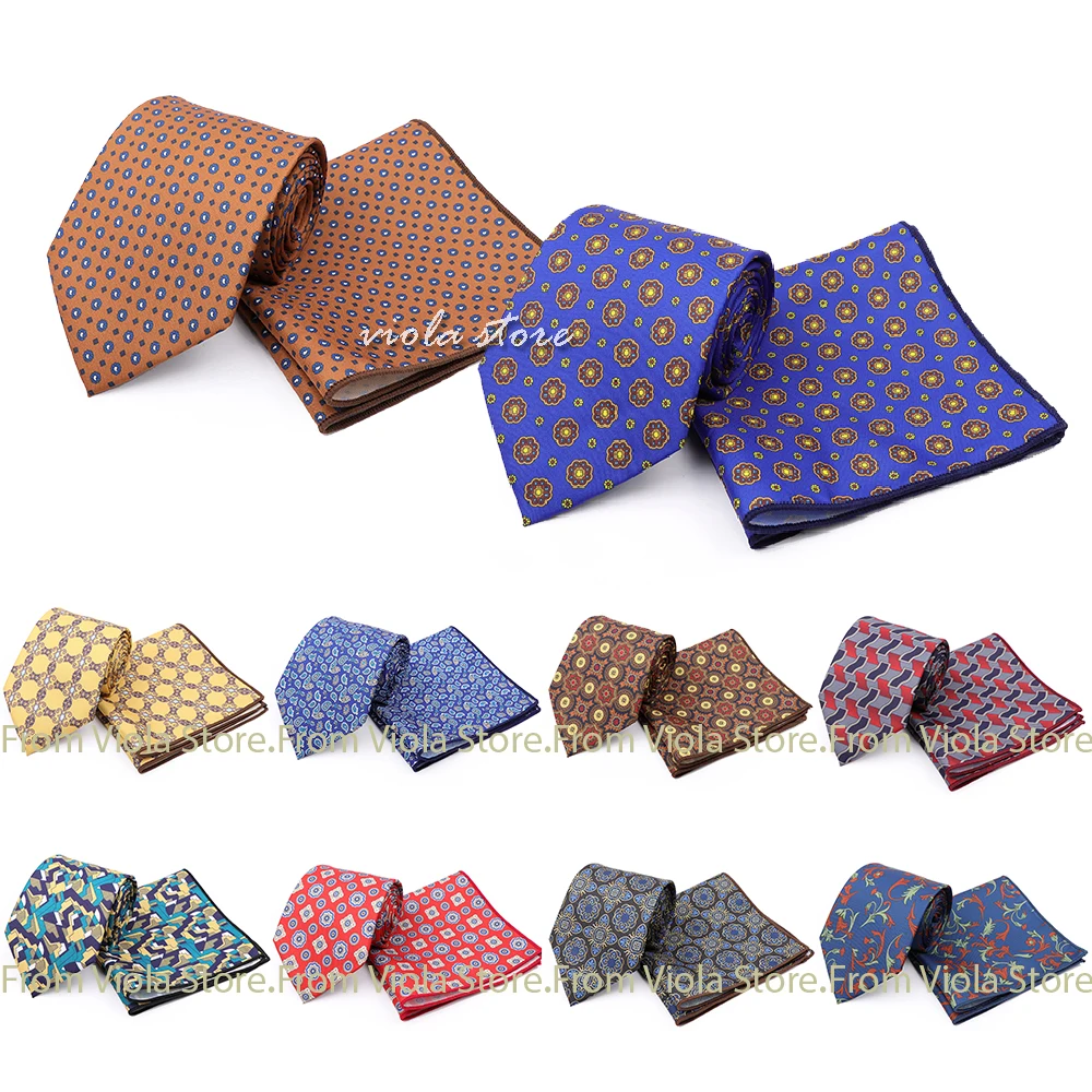 

Retro Big Size Print Cartoon Floral Geometry 9cm Necktie Hanky Set Silk Touch Men Wedding Party Suit Top Cravat Gift Accessory