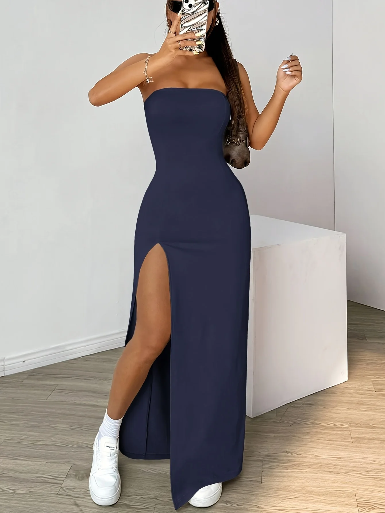 Elegant ladies strapless strapless slit simple basic plain long skirt, very suitable for summer outings, suitable for comfortabl