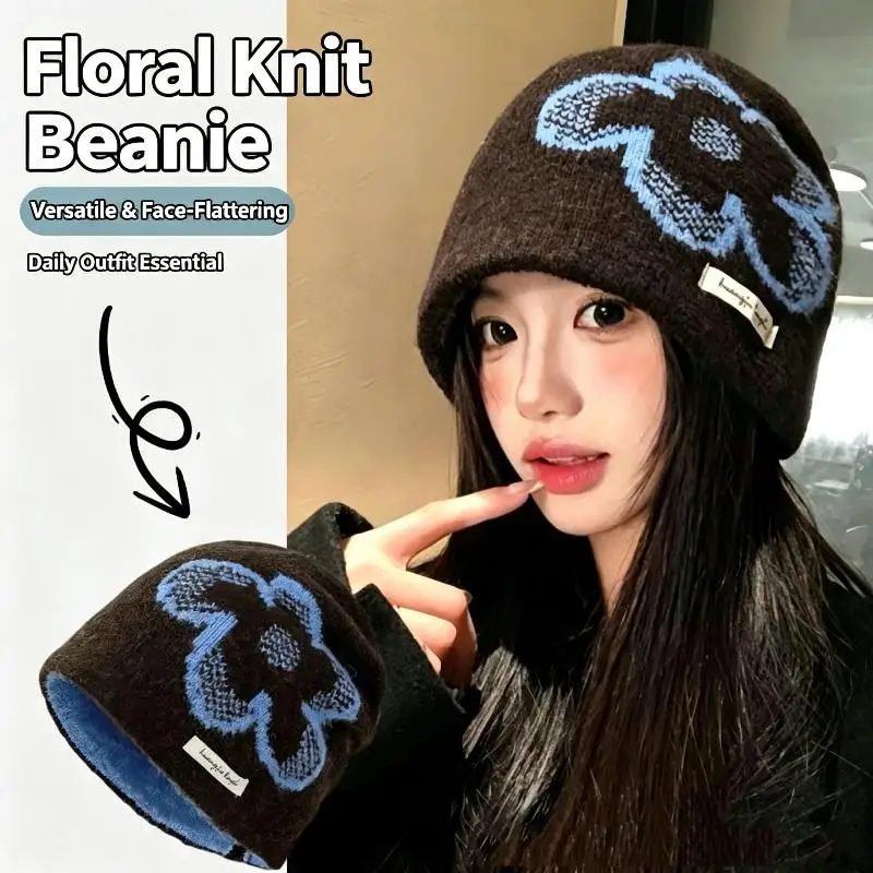 Women's Knitted Beanie Blue Flower Pattern Fleece Lined Soft Thermal Winter Hat for Outdoor Photography