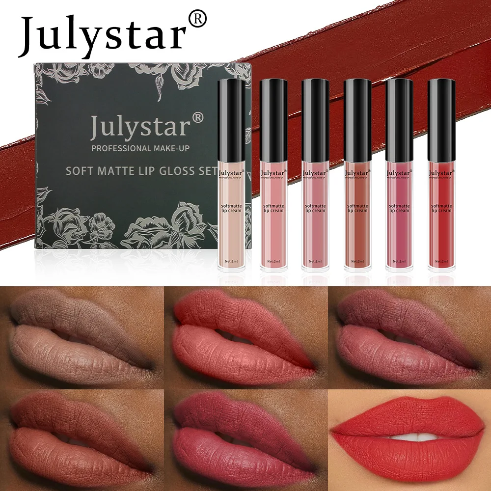 Julystar 6 Stks/doos Lippenstift Set Mistig Oppervlak Mat Lip Glazuur Multicolor Lip Make-Up Vrouwen Cosmetische Blijvende Niet Vervagen