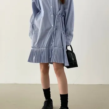 Chicniche 한국 스타일 캐주얼 다목적 스트라이프 드레스 2024 뉴 여름 셔츠 칼라 심플 스커트 여성 유행 streetwear