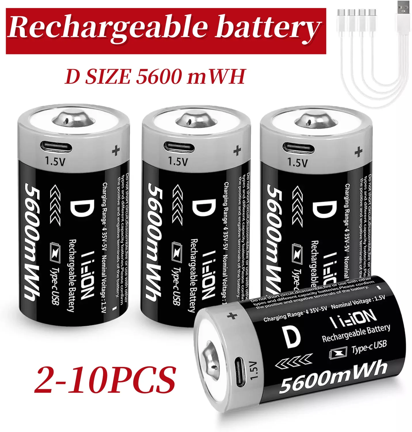 1.5V 5600mW USB D Size Rechargeable Lithium-ion Battery LR20 D-Cell Battery for Gas Cooker Water Heater Flashlight Radio