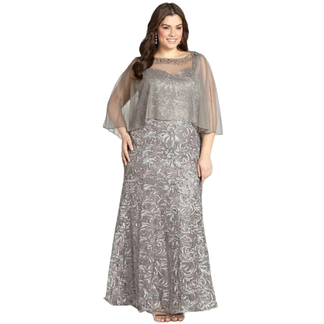 Elegant Silver Mother of the Bride Dresses Sheer Beaded Neckline Flowing Cape Sleeves Flared Full Long Plus Size 2-26W Customize