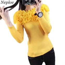 Neploe Autumn Fashion Knitted Sweater 2024 New Slim Slash Neck  Sweater Wild Lace Flowers Pullover Sweater Woman Tops 65736