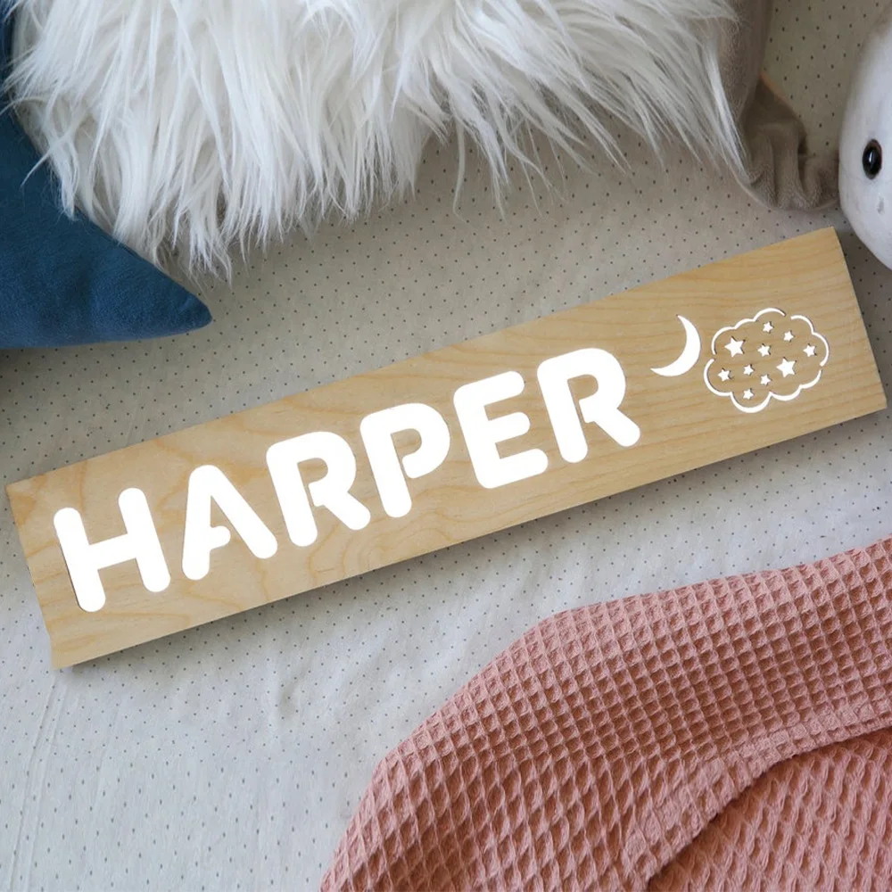 Wooden alphabet night lamp with celestial motif moon and stars design modern minimalist desk decor ambient lighting for gifting