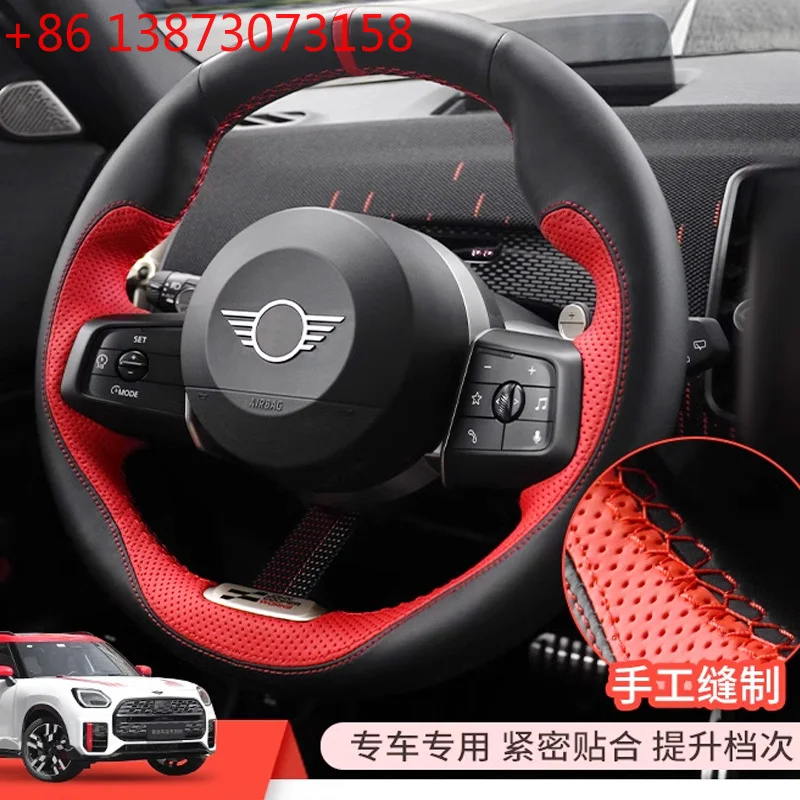 DIY Full coverage Sports style Steering Wheel Cover for Mini Cooper S Countryman U25 F65 F66 2024 2025 red leather Accessorie