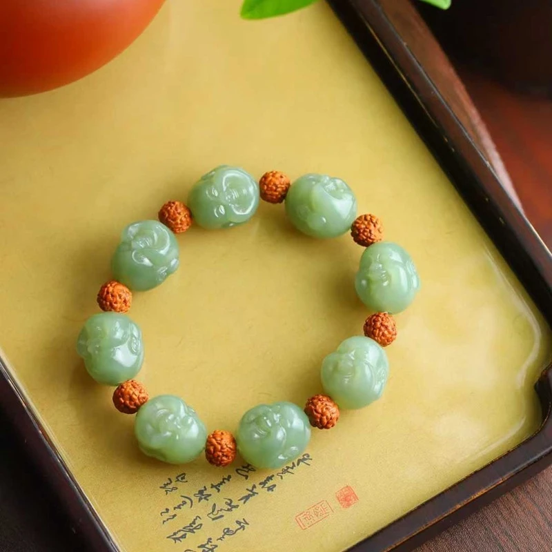 

Натуральный браслет из нефрита Хотан Жуоцян, желтый, старинный материал, с изображением Будды