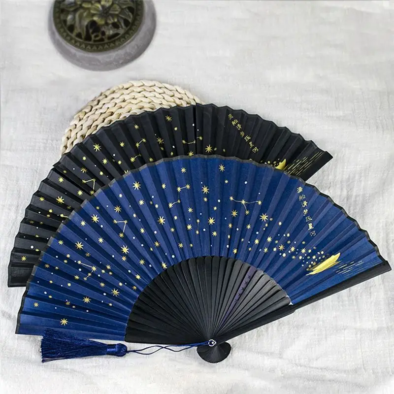 Classic Starry Silk Folding Fan,Chinese Japanese Fabric Bamboo Folding Dance Hand Fan (Blue)-A51M