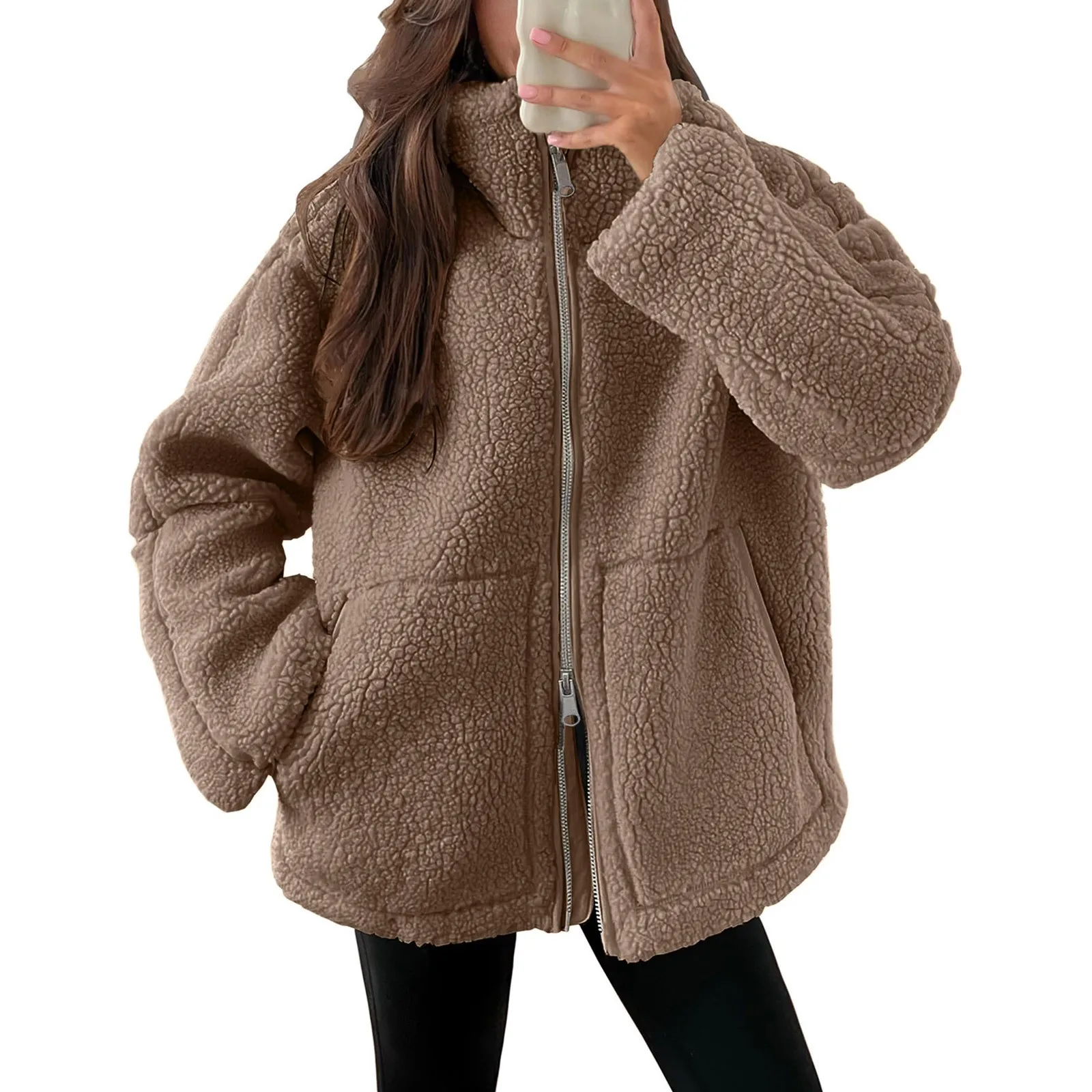 Chaqueta de lana de cordero de viento perezoso para mujer, suéter de cuello alto Semi a la moda, abrigo de felpa grueso y cálido para invierno, cárdigan, prendas de vestir exteriores para mujer