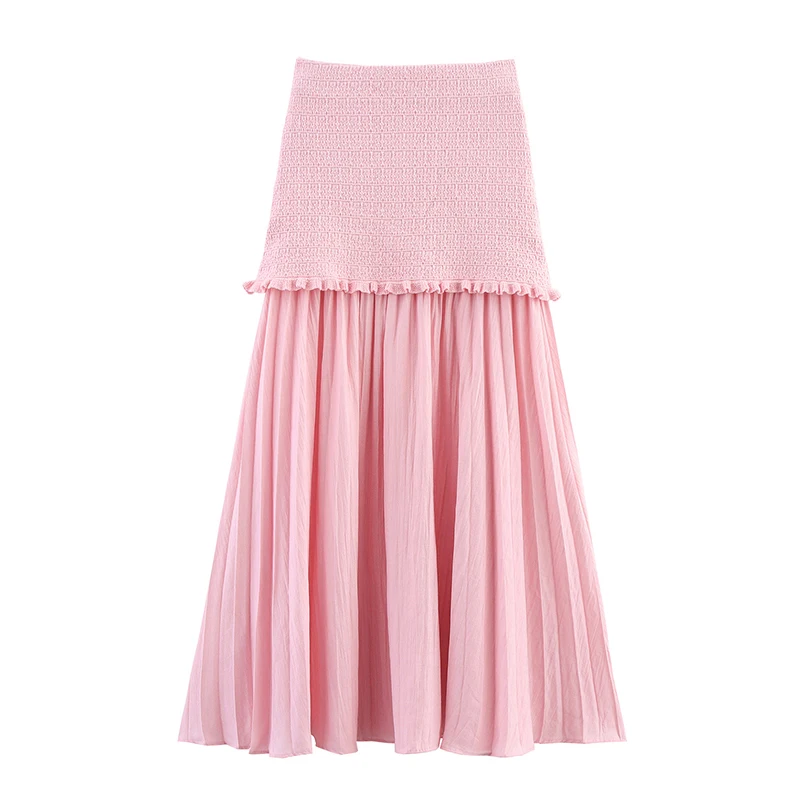 YENKYE Gentle And Versatile Patchwork Knit Skirt Women Elastic High Waist Pleated Hem Elegant Long  Skirts faldas mujer