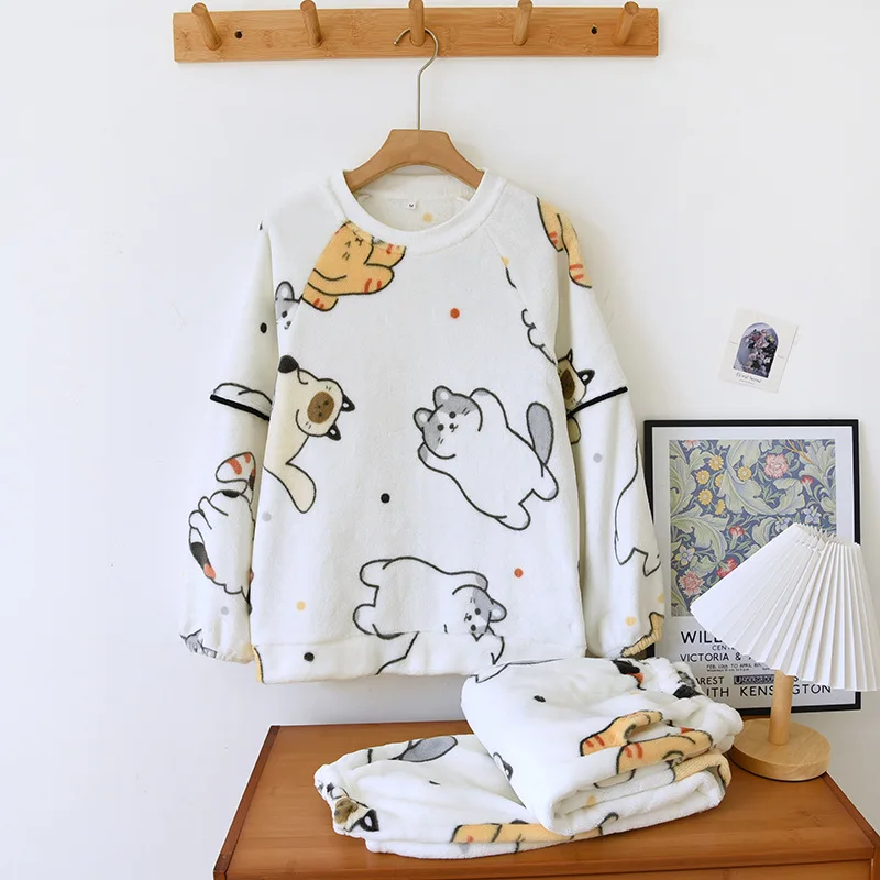 Kawaii Cat Pajamas For Women New Winter Flannel Homewear O-Neck Cartoon Sleepwear Set Female Thick Warm Velvet Home Clothes Suit