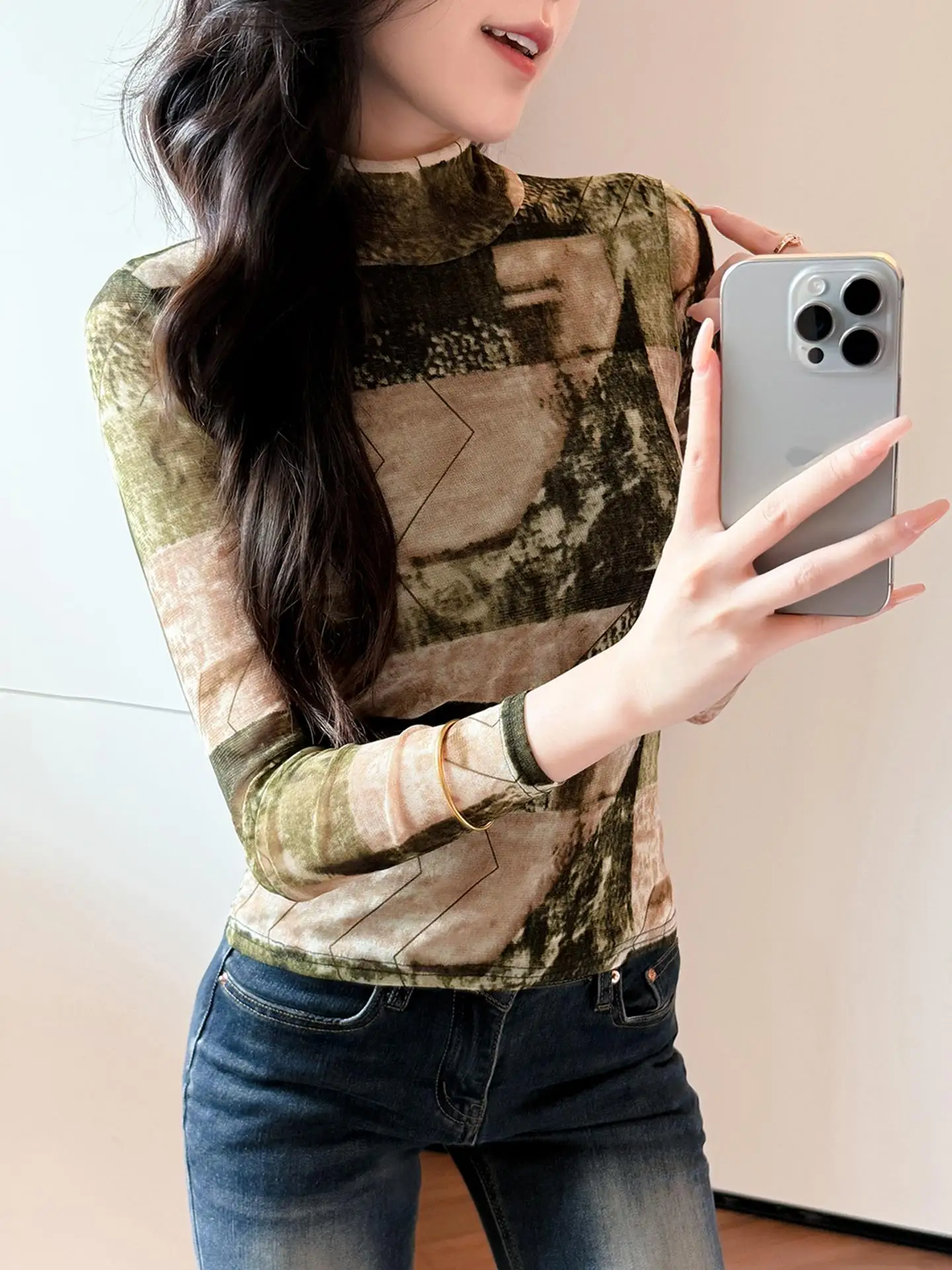 Street Sle Tie Dye Print Me Base irt Damen Slim Fit Long Sve T-Shirt f Hoher Kragen Innenbekleidung Geometrisches Muster