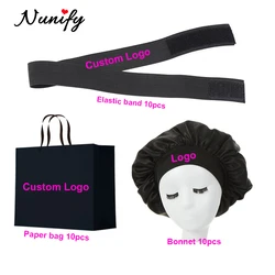 30Pcs/set Custom Logo Wig Paper Packaging For Small Business & Edge Melt Band & Satin Silk Hair Bonnet For Sleeping Bulk Wig Bag