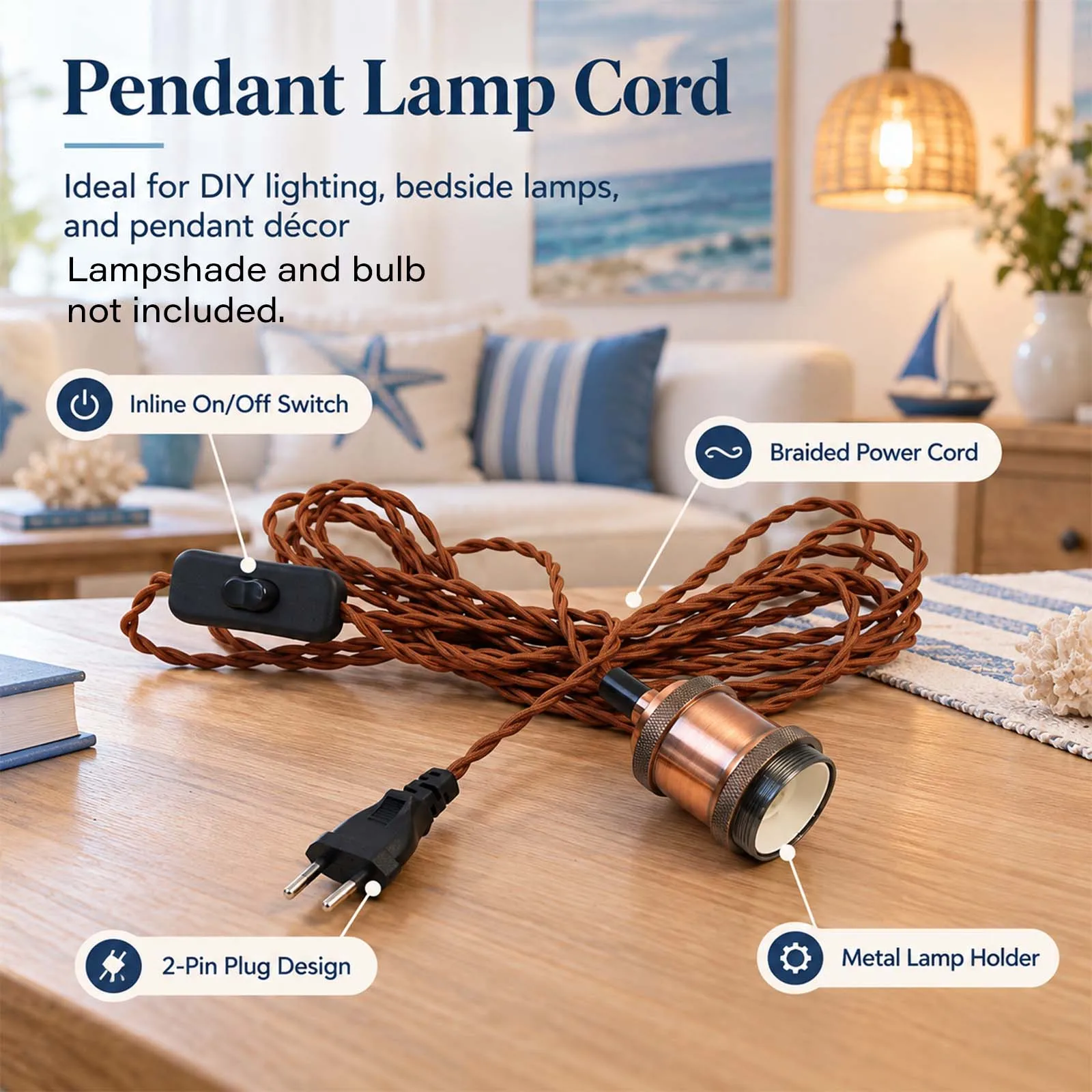 Pendant Wire Set, Antique Copper Socket, Twisted Brown Fabric Cable, On Off Switch, EU Plug, Retro, Industrial, Reading Nook