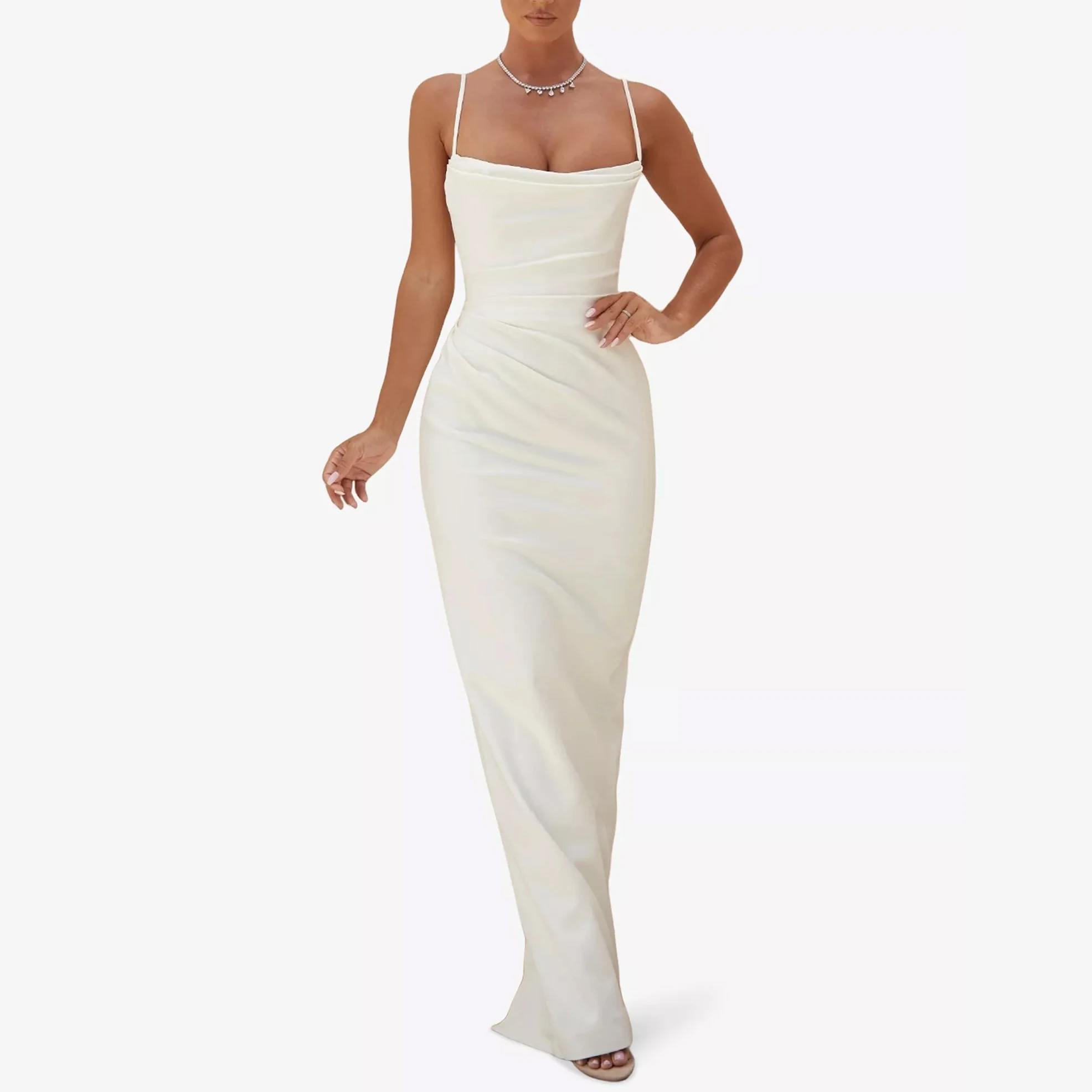 Abito da sposa classico da donna senza spalline drappeggiato slim fit in raso abito da sposa lungo formale da festa semplice ed elegante abito da sera a coda di pesce