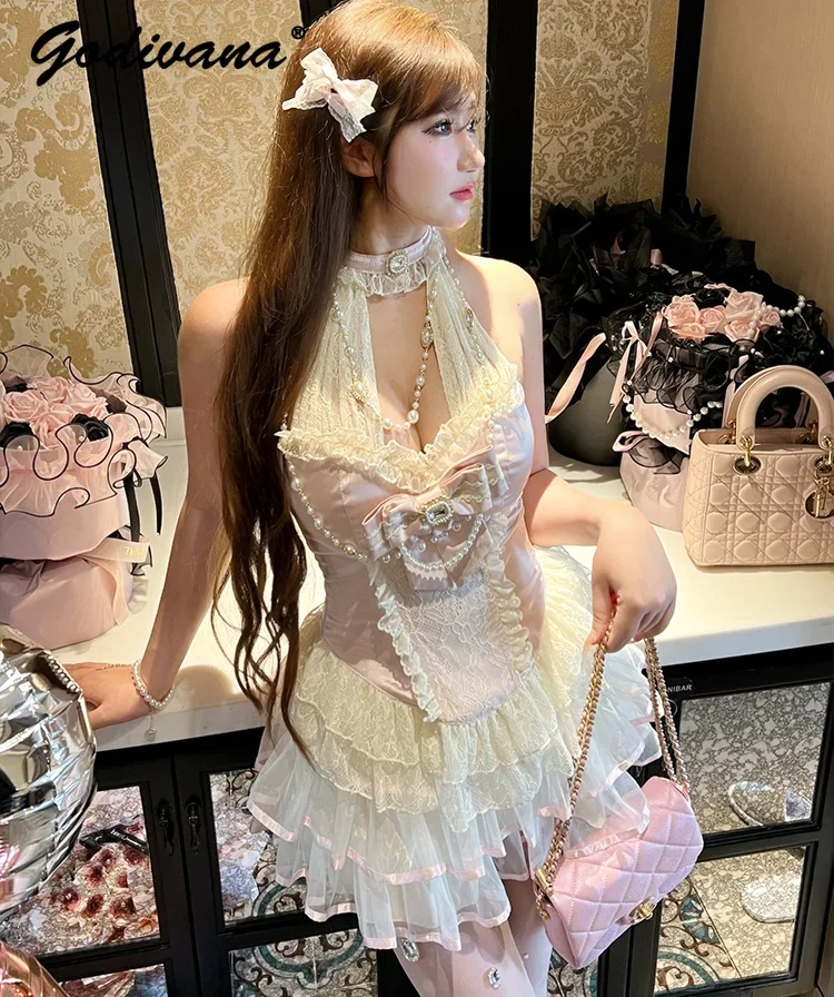 Princess Exquisite French Romantic Hanging Neck Sweet Bow Pink Halter Top Slim Vest Mini Skirt Women's Organza Cake Skirt Set