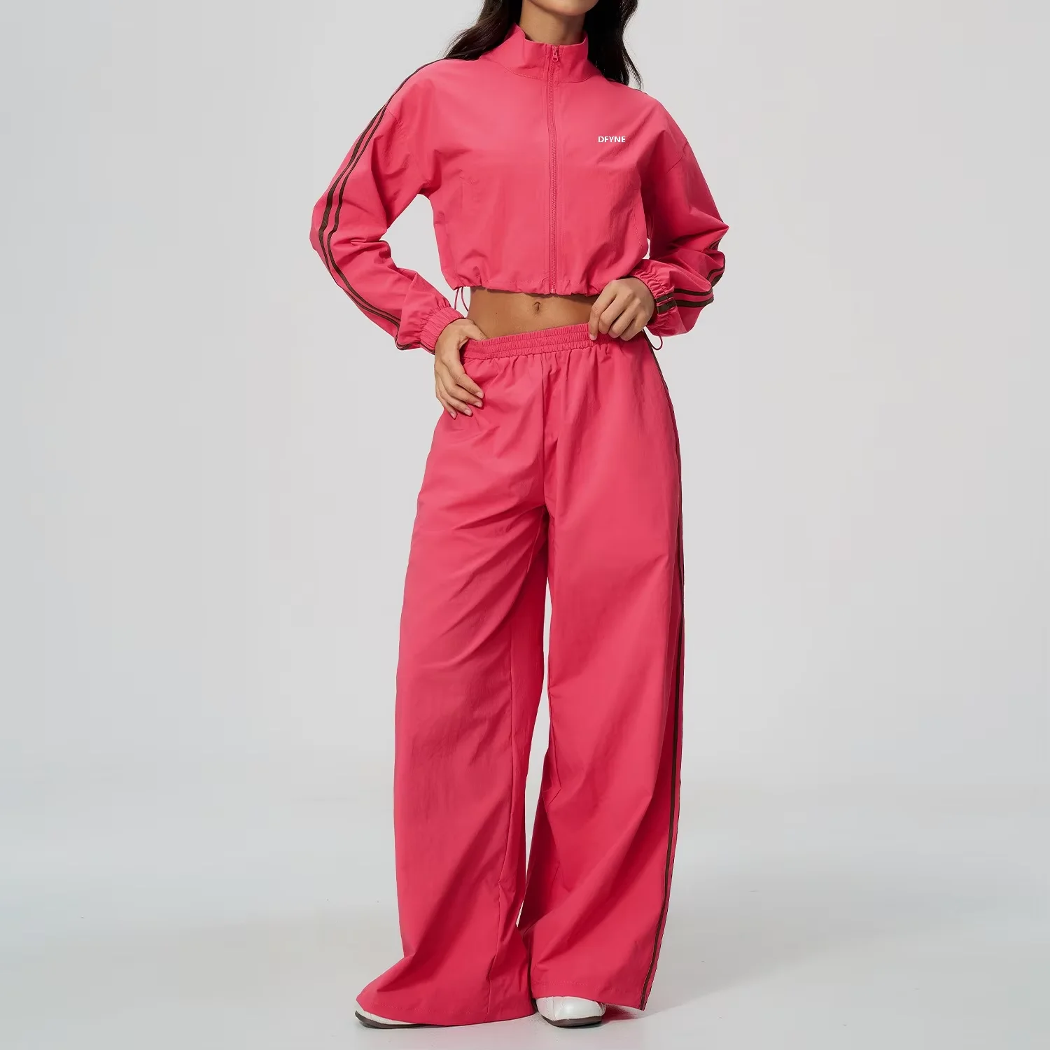 DFYNEWomen Pink Tracksuit Set Crop Windbreaker Jacket Wide Leg Pants Casual Sportswear Workout Outfit Y2K Streetwear Lounge Wear