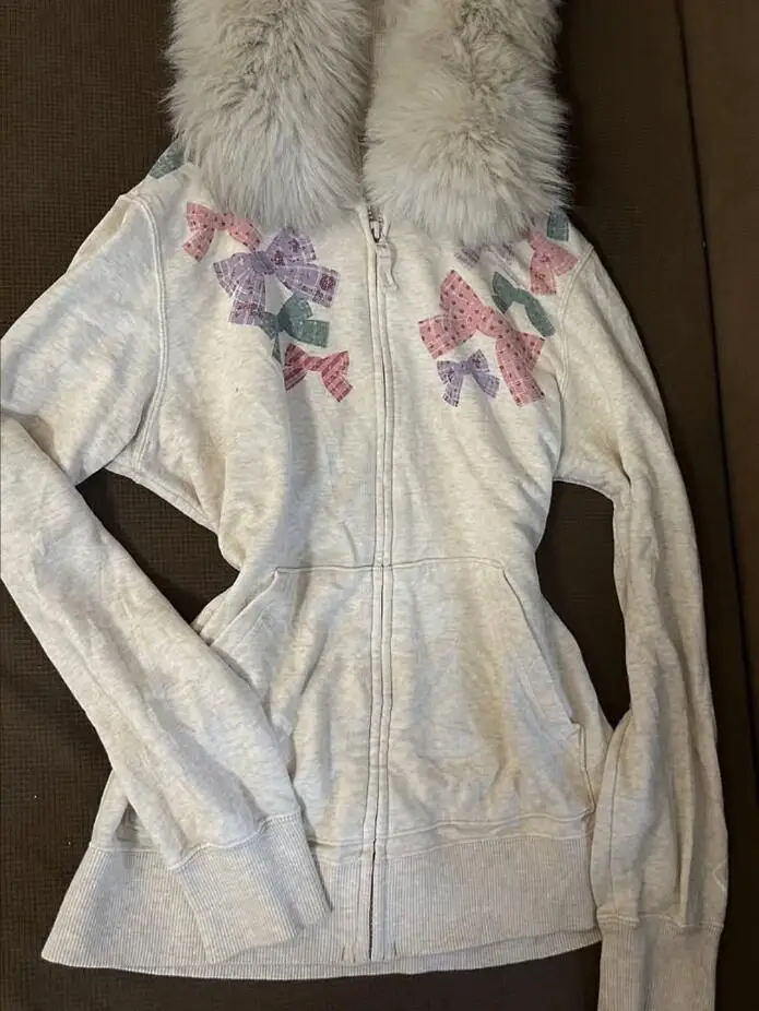 

Onalippa 2025 Новая американская ретро винтажная красочная куртка с бантом и пикантным стилем для девочек, женская куртка на молнии с большим меховым воротником и капюшоном