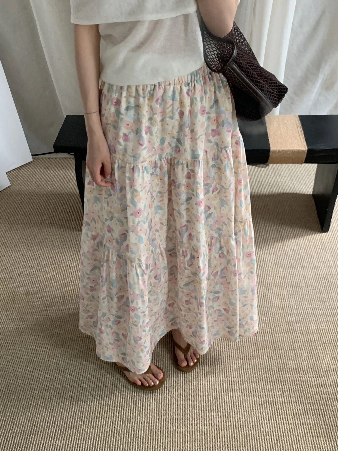 

Slimming Mid-Length Half Skirt with Elastic Waist And Oil Painting Floral Print Korean Style Commute High Waist A-Line Skirt
