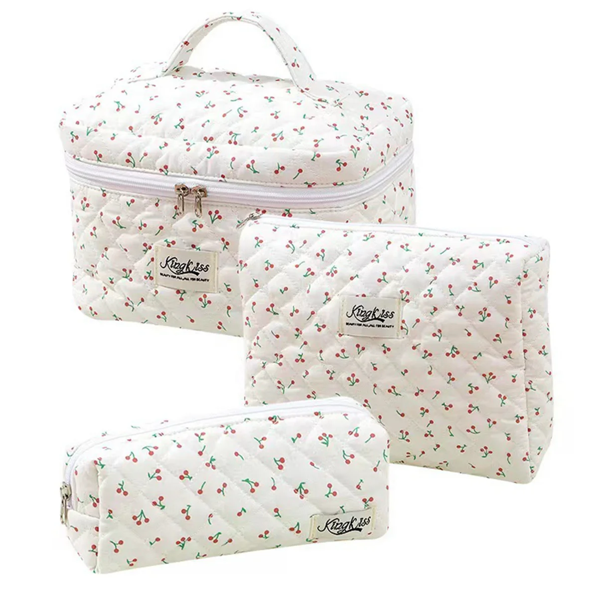 Makeup Cosmetic Bag 3 Pcs Cotton Quilted Makeup Bag Aesthetic Floral Toiletry Bag for Women,H