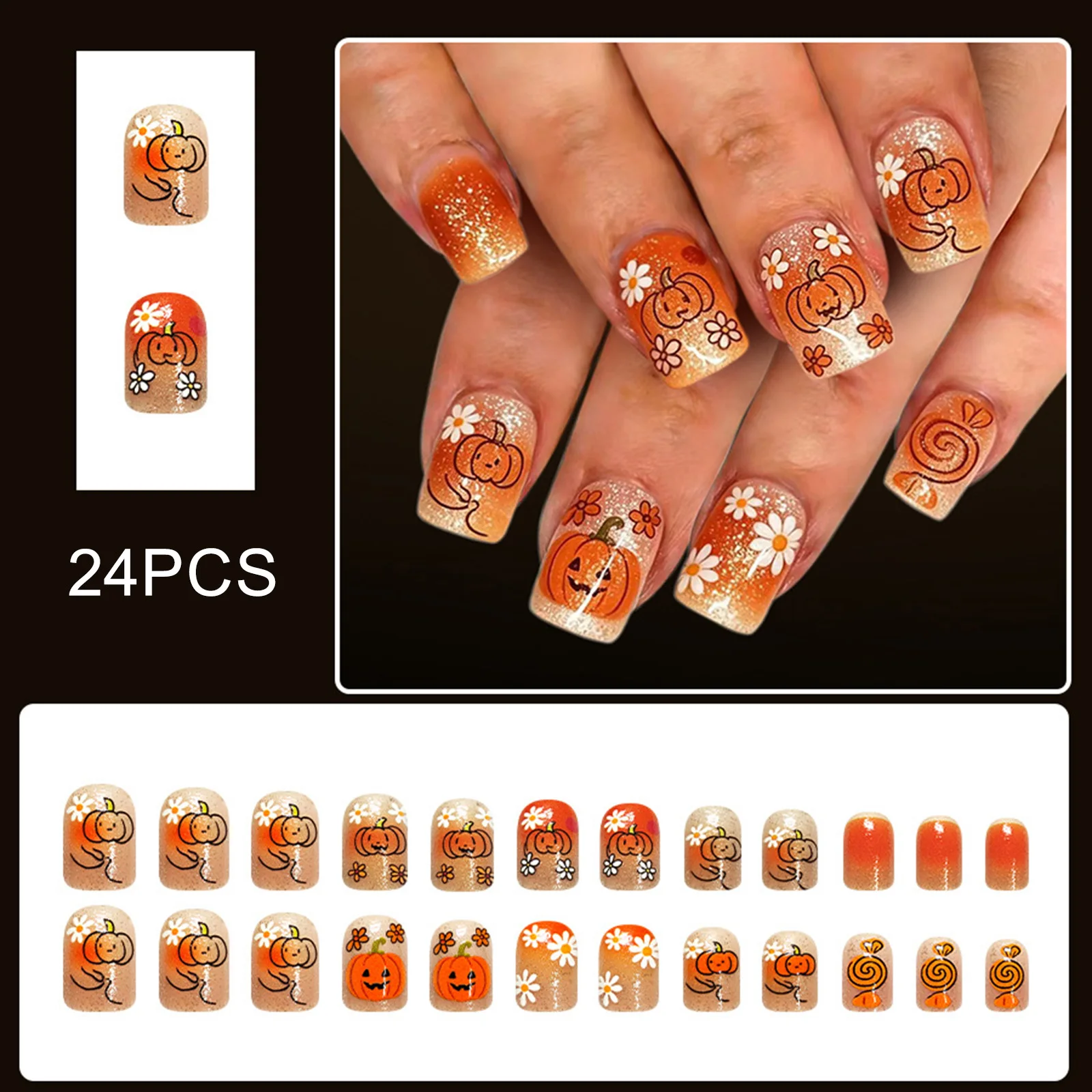 Reusable Press on Nails Orange Glittery for Halloween Party Cute Pumpkin Daisy Resin Fake Nails Short Square Fall Design - view 2