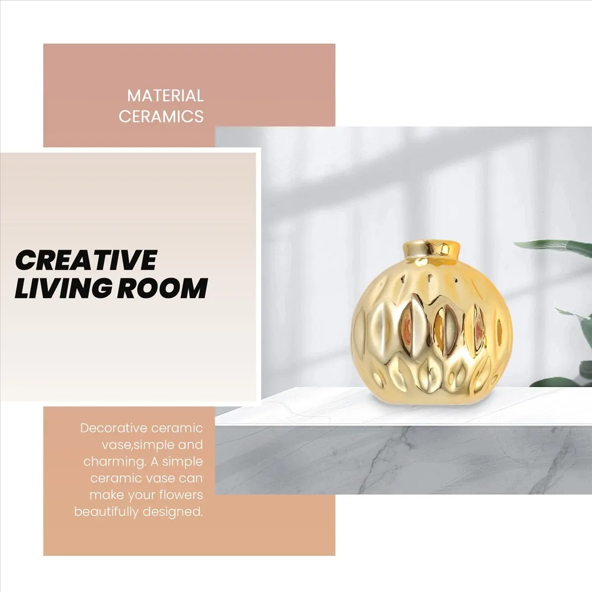 newA10R Ceramic Small Vase Small Flower Embossed Fish Lip Pattern Crafts Home Decorations (Gold)