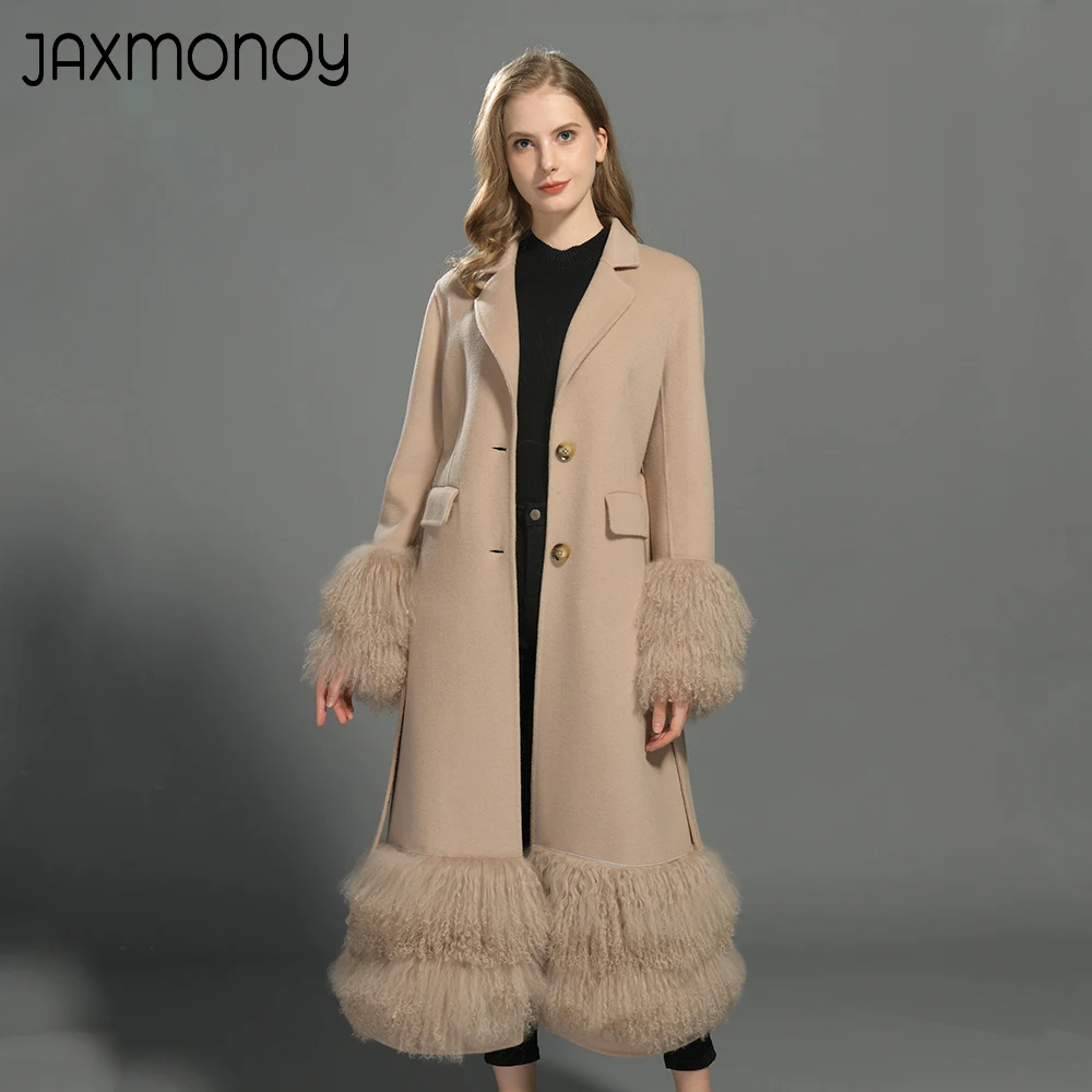 Jaxmonoy Women's Wool Coat Luxury Real Mongolian Sheep Fur Hem Trench Coats Ladies Elegant Double Face Cashmere Long Jacket Fall