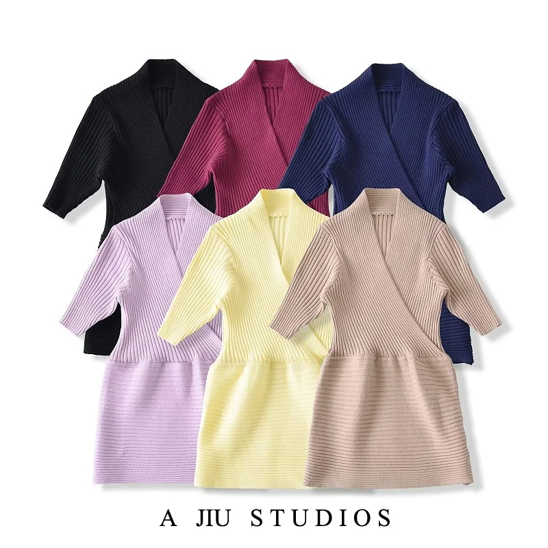 

Low Cut Versatile Base Layer irt Women's Inner Sexy Waist Cinching Tight Knitted ort Sve V Ne Crossed Ribbed Top