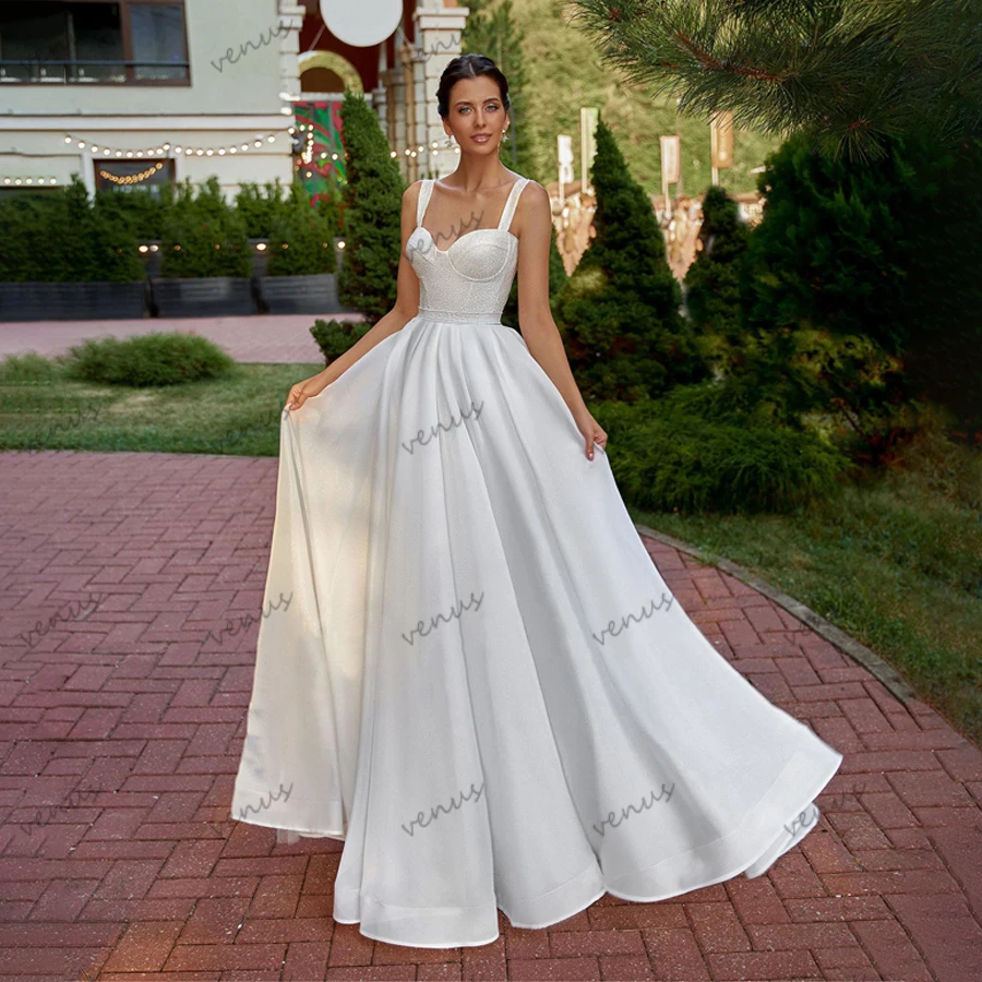 Glamouröse Brautkleider für Frauen A-Linie Satin Brautkleider Spitze Applikationen sexy ärmellose Vintage Vestidos de Novia