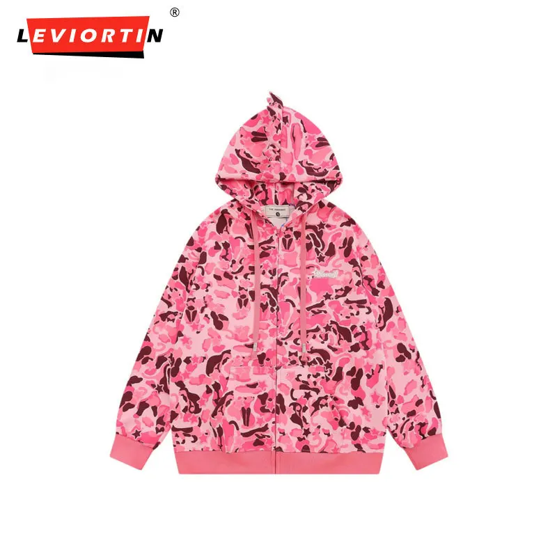 

2024 Fashion American High Street Little Monster Hat Cardigan Sweater Camo Zipper Casual Loose Coat Small Design Sense Top