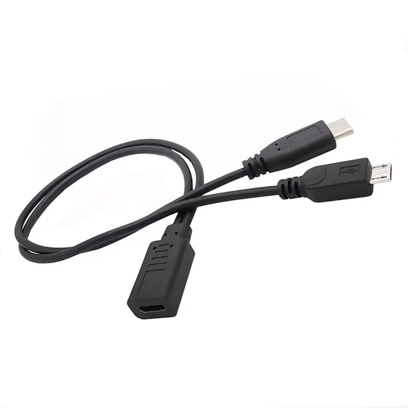 30cm USB 1/2 Type-C Female to Type-C Male to Micro Male Phone Charging Tablet Connection Cable
