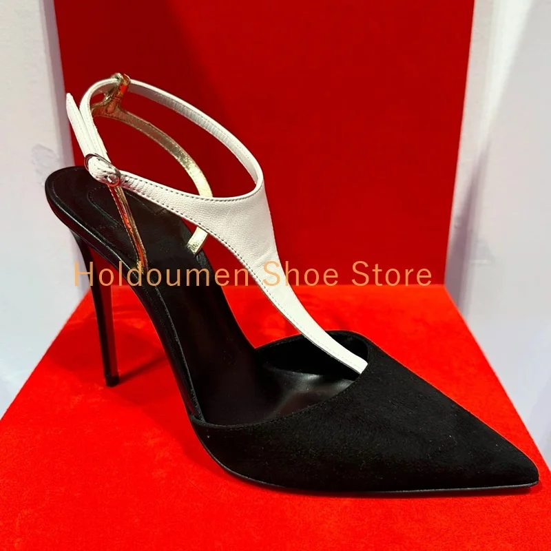 

Black White Color Matching Wrapped Pointed Toe Women's High Heel Sandals Round Toe Peep Toe Ankle Strap Flat Stiletto Sandals