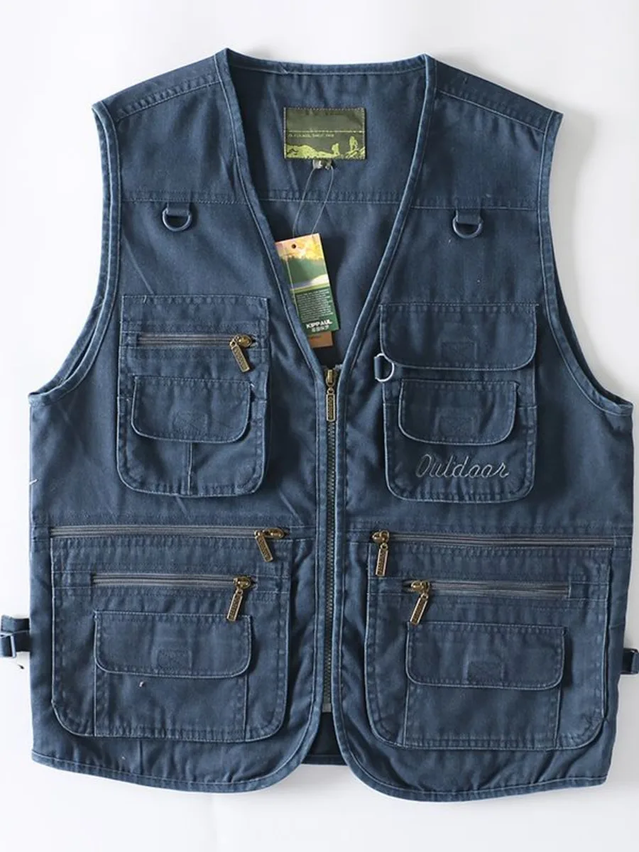 

American Style Metal Zipper Multi Pockets Vest Men Camisole Denim Vest Waistcoat Jacket Fishing Photography Summer Casual Vest