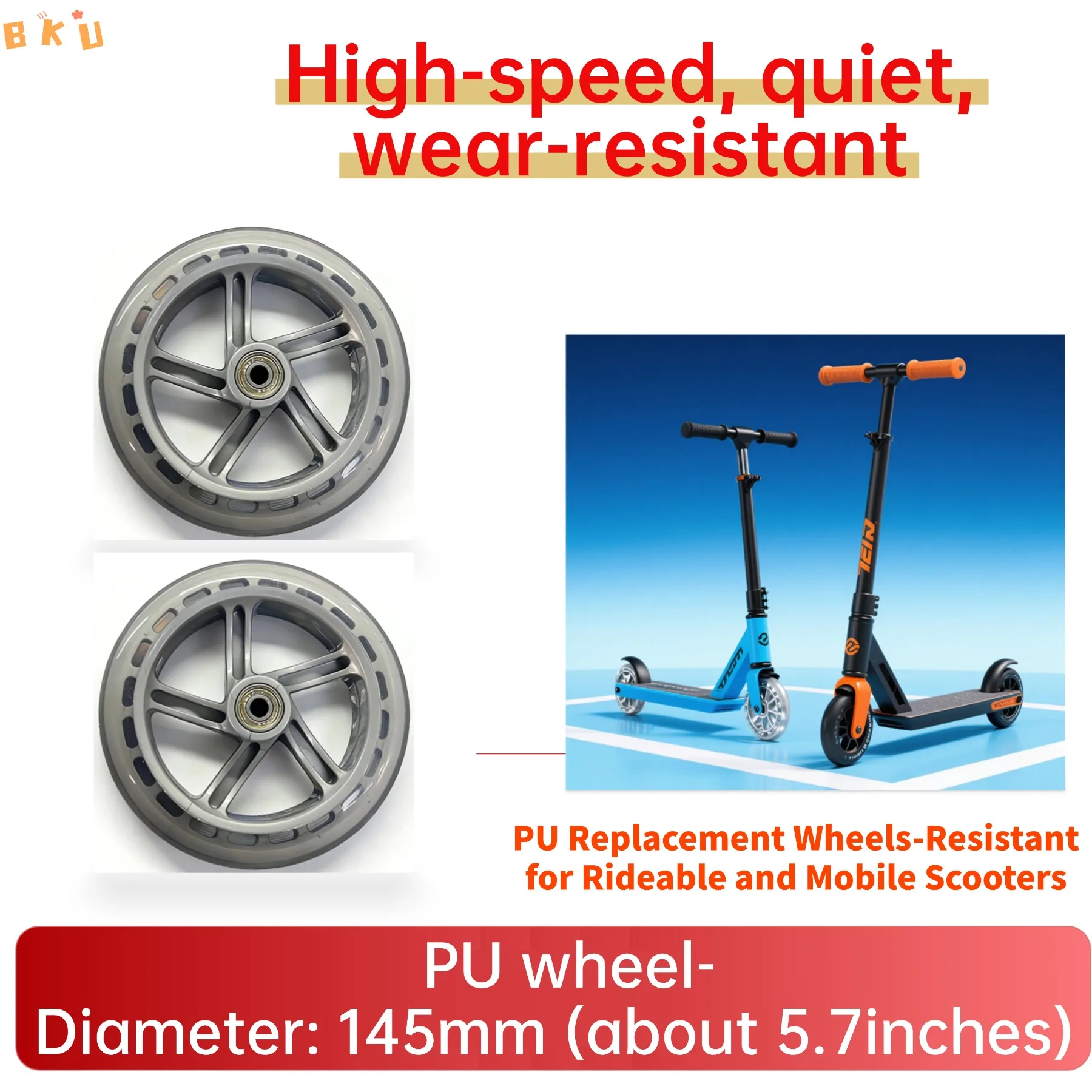 

2-Pack 145MM PU Replacement Wheels - Fit Ride-On Scooters, Mobile Scooters, 2-Wheel Skateboards & Carts"