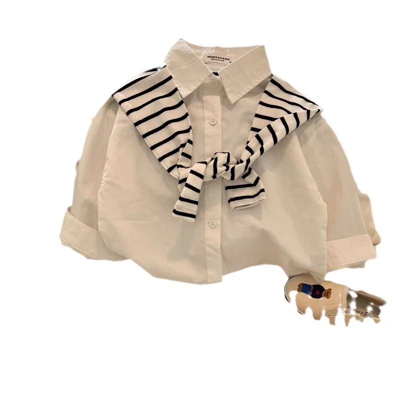 Childrens Autumn Long Sleeve Shawl Shirt Striped Lapel Toddler Girls Shirt Trendy Stylish Korean Fake Two-piece Kids Girls Shirt