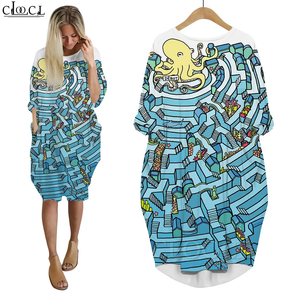 

CLOOCL Women's Dresses Fashion Streetwear Octopus City Maze 3D Printed Mid Dresses Loose Casual Long Sleeve Pocket Party Dresses