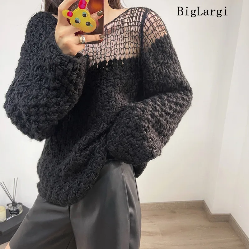 Autumn Winter Knitted Sweater Women Top Korean Loose Lazy Oaf Hollow Strapless Laides Sweaters Long Sleeve Pullover 2022 Jumper