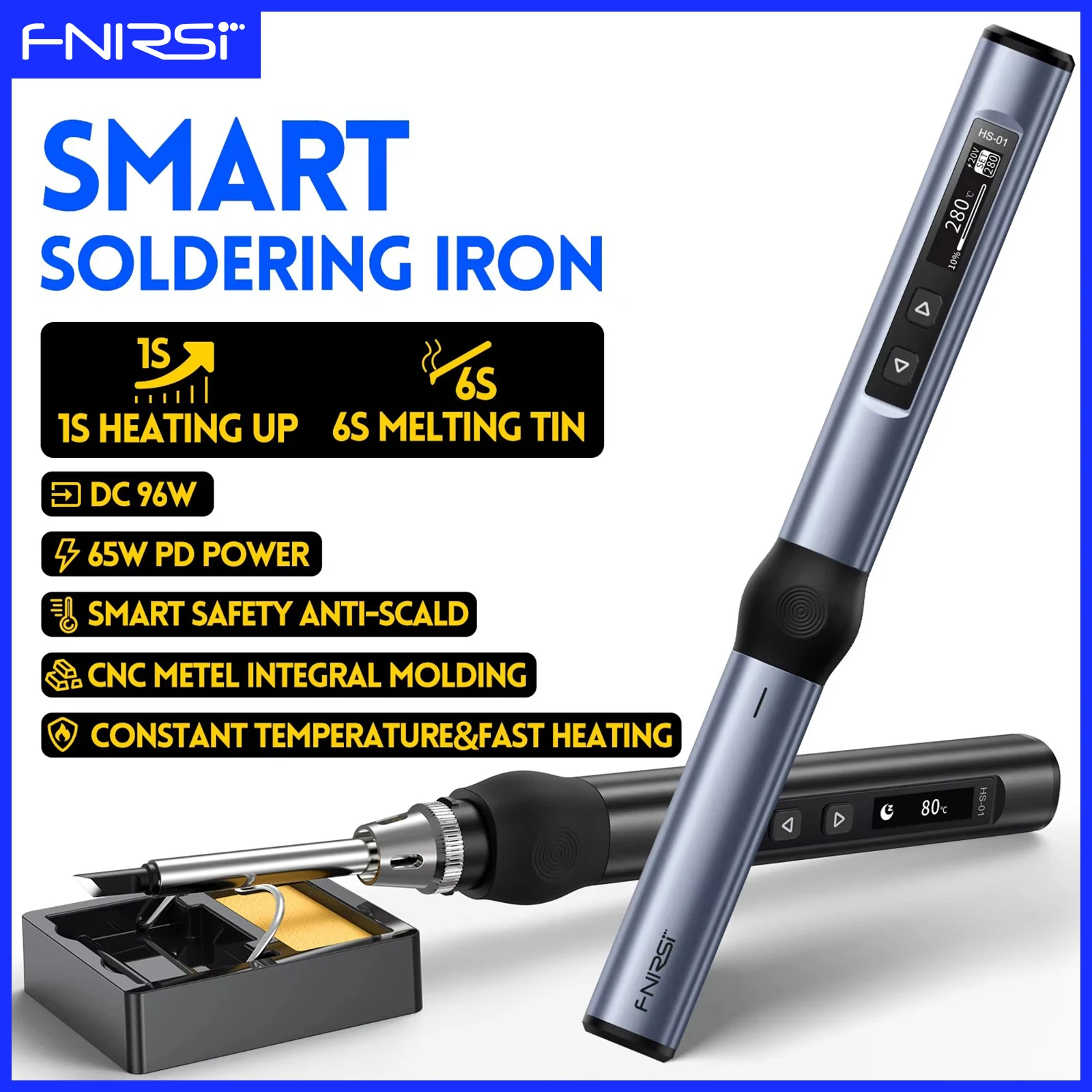 FNIRSI HS-01 Smart Soldering Iron 80-420℃ Adjustable Temperature PD 65W Digital Display Portable Welding Repair Tools