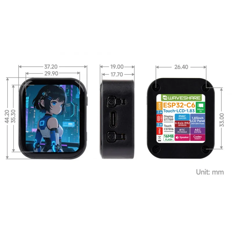 SKU-32793 Waveshare ESP32-C6 1.83inch Touch Display Development Board, 240 × 284, Onboard Audio Codec Chip, Built-in Microphones