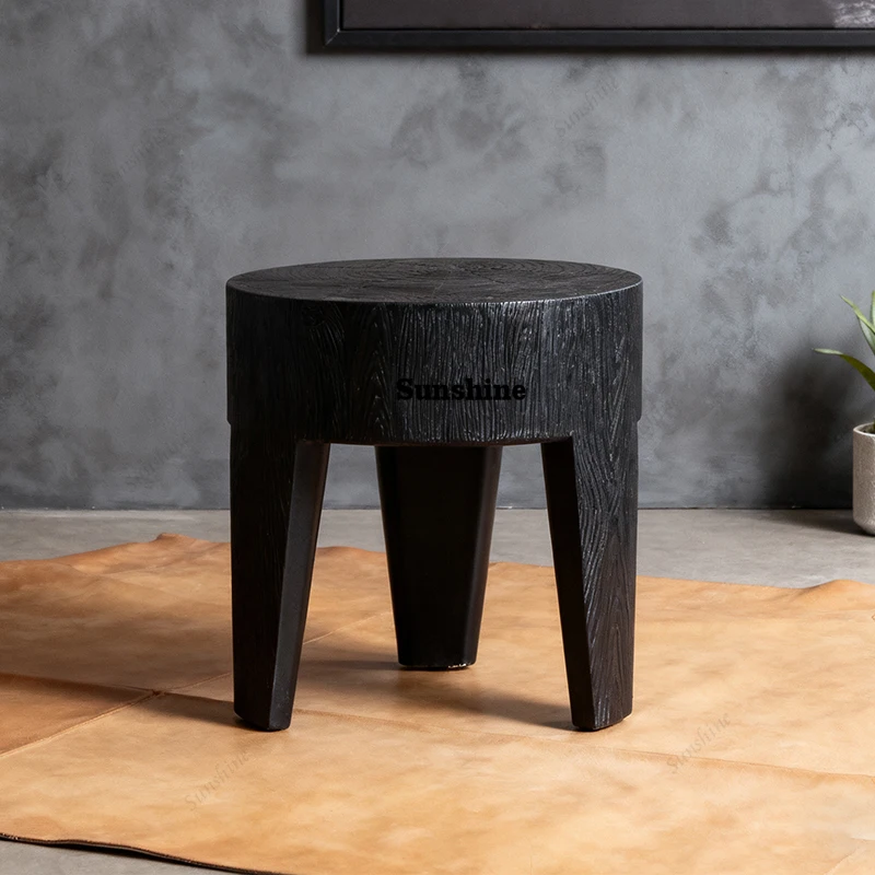 

Wabi-sabi black wooden stool side table retro homestay coffee table designer modern round wood coffee table