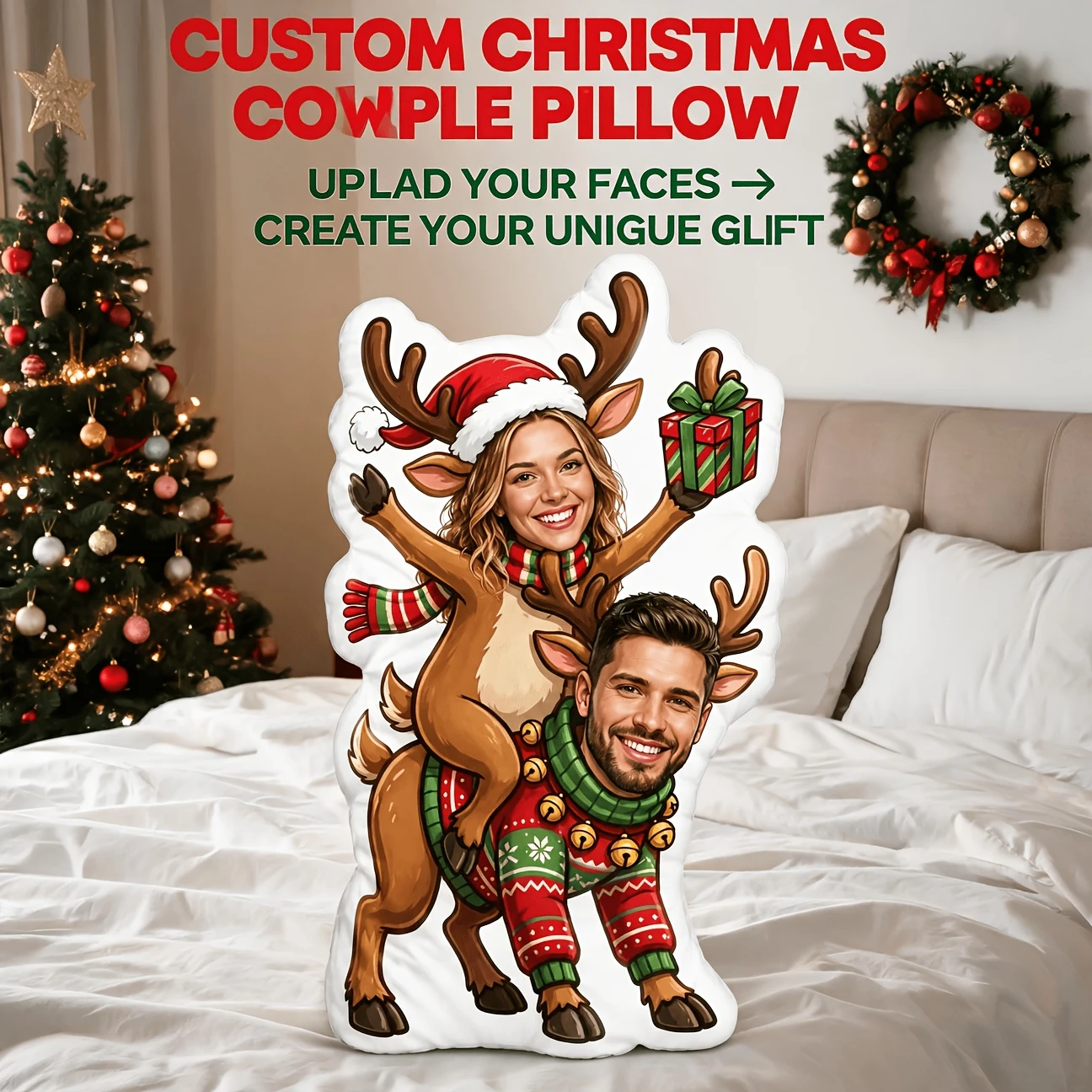 Custom Couple Photo Shaped Pillow, Funny Christmas Reindeer Costume Personalized Decorative Cushion, Unique Home Decor Gift for