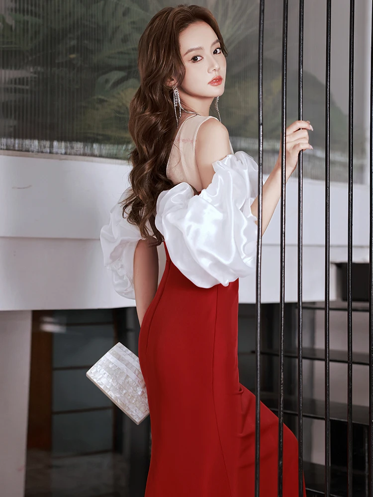 

Red Evening Gown One oulder Draped Tail Engagement Par Wedding Dr for Young Women Korean Sle mid Waist Zipper Long S...