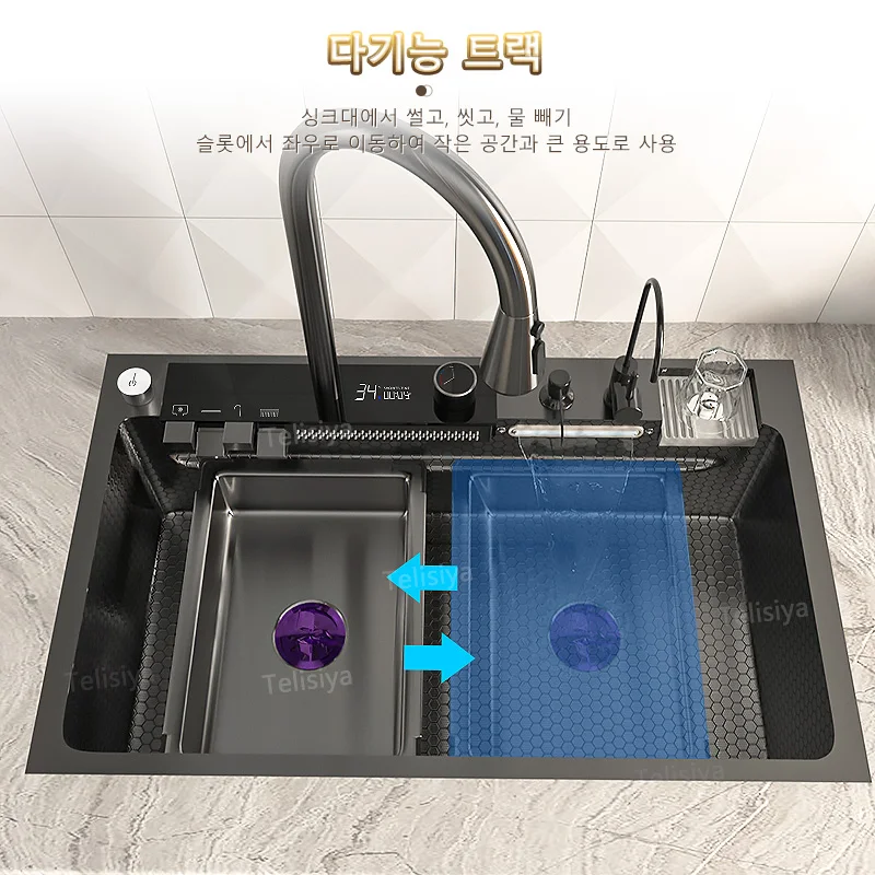 Digital display Waterfall Sink Stainless Steel Kitchen Sink Embossed Large Single Slot Multi-functional Wash Basin