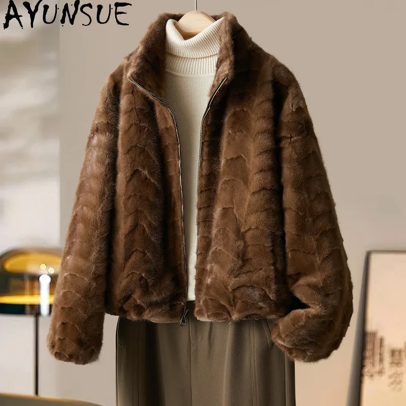 

Шуба из натурального меха норки AYUNSUE для женщин, зимняя, с воротником-стойкой, стильная, двусторонняя, теплая верхняя одежда, пальто